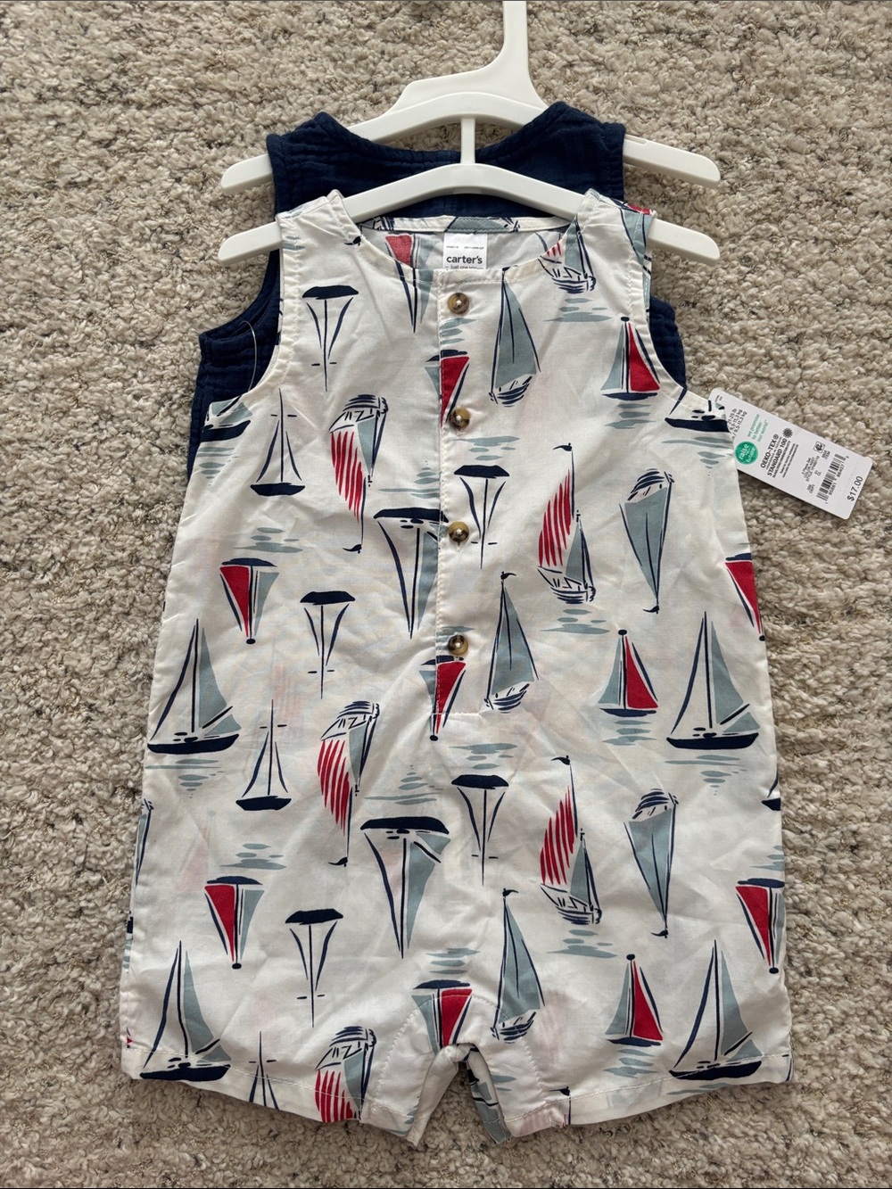 Carter's 12M Sailboat Print and Gauze Sleeveless Romper - White, Red & Navy